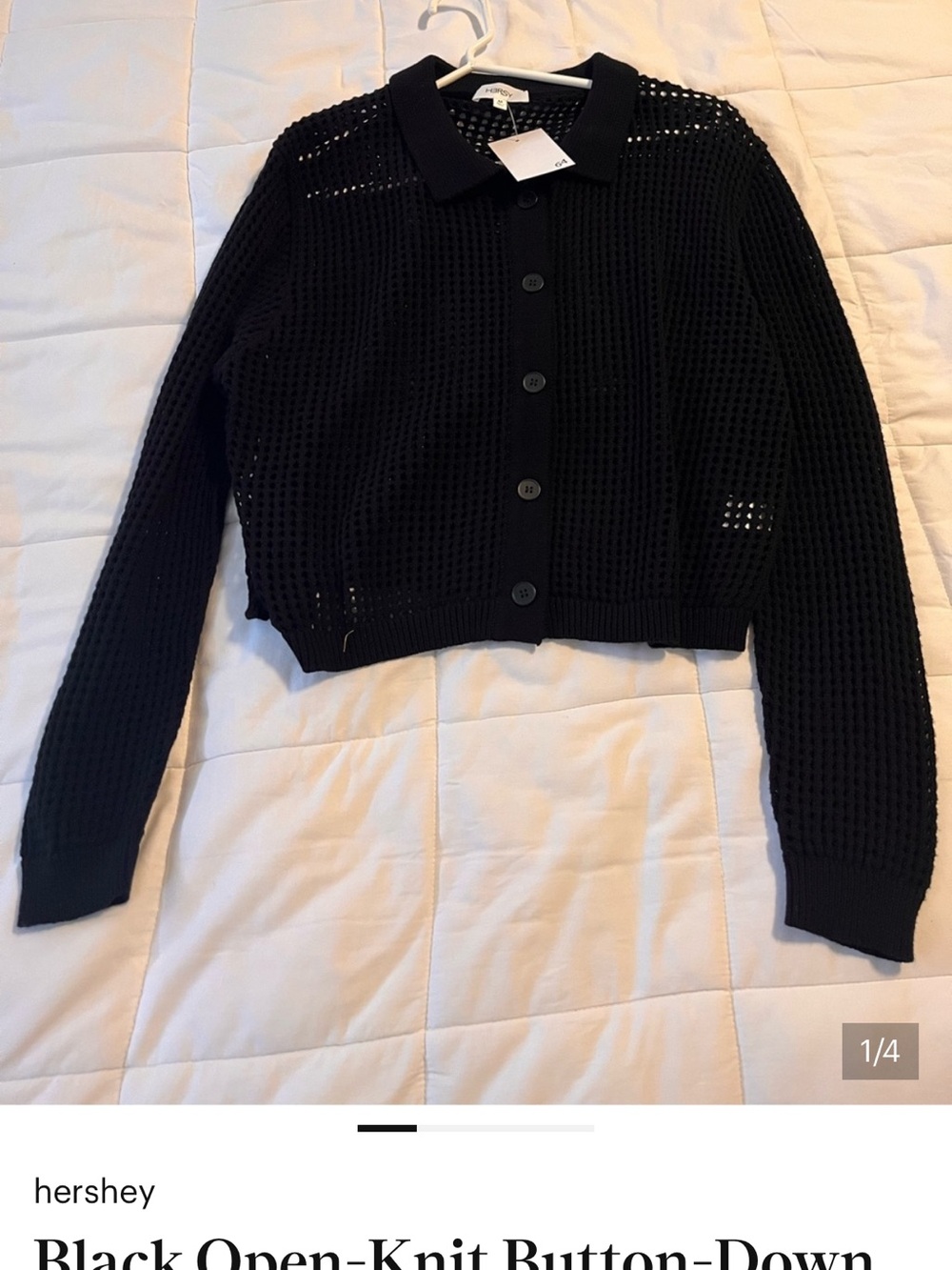 Black Open-Knit Button-Down Cardigan